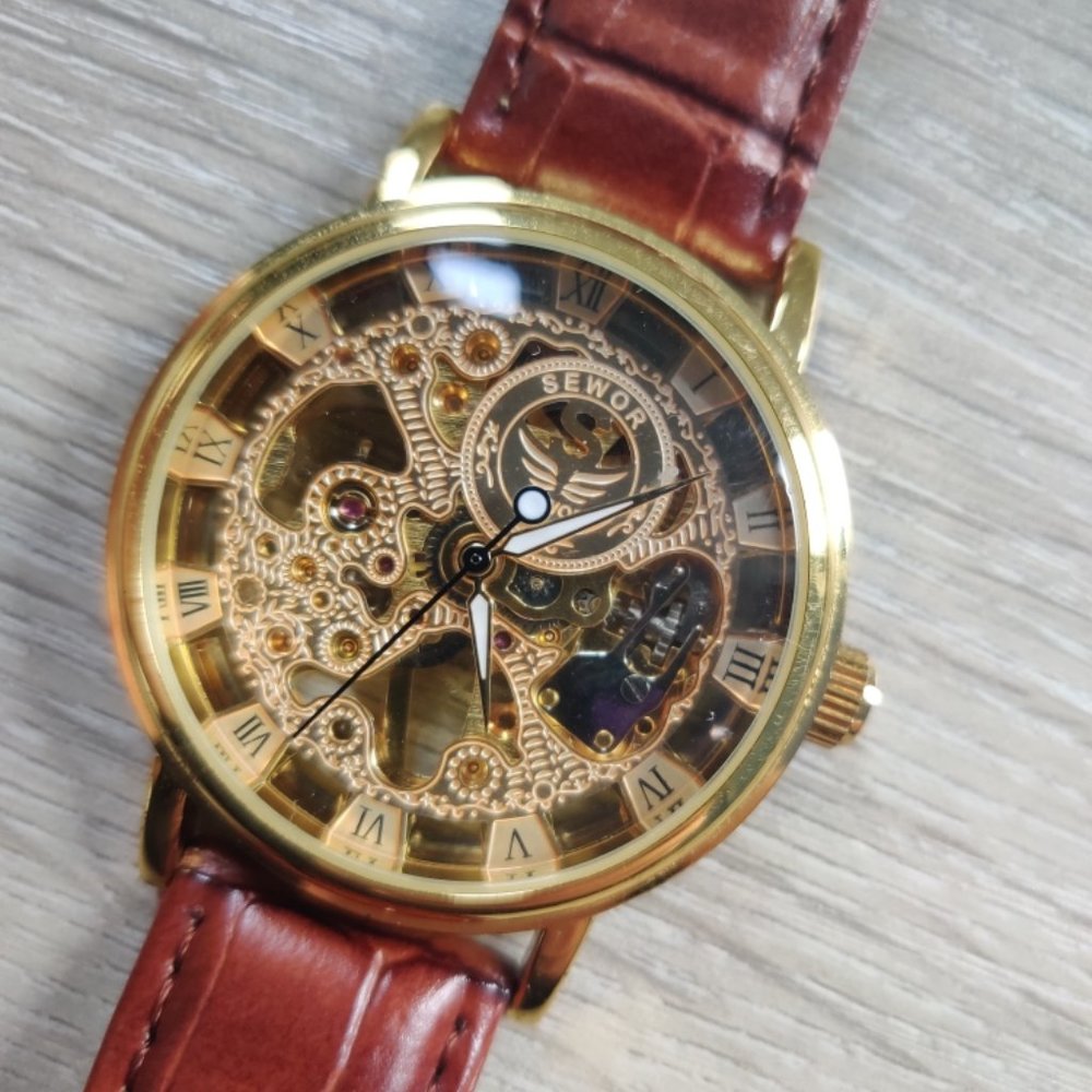 SEWOR New Men's Mechanical Leather Band Transparent Skeleton Wrist Watch